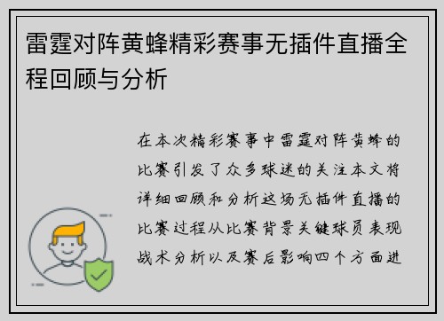 雷霆对阵黄蜂精彩赛事无插件直播全程回顾与分析